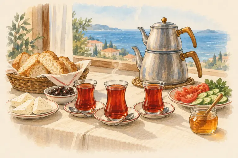 Illustration: a sunlit breakfast table by a window over the sea, with three glasses of ruby tea on saucers, a two-tier steel kettle, bread, white cheese, olives, tomatoes and cucumber, and a jar of honey