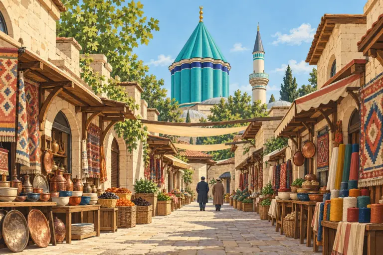Illustration: a stone-paved bazaar lane in Konya’s old city with hanging rugs, copper pots, ceramic bowls and baskets of fruit on both sides, two walkers seen from behind, and the turquoise fluted dome and slender minaret of the Mevlana complex rising above the roofs