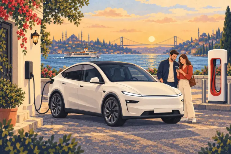 Illustration: a new Model Y on the Bosphorus waterfront with a home charging cable and a fast charger beside a couple checking a phone
