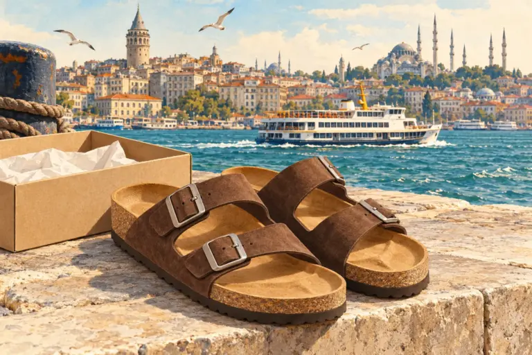 Illustration: a pair of two-strap cork sandals on a stone step by the Golden Horn in Istanbul, an open shoebox beside them and a ferry crossing behind
