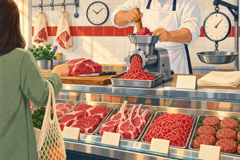 Illustration: behind a glass counter of steaks, lamb chops, mince and köfte patties, a butcher’s hands push cubes of red meat into a steel mincer while a customer, seen from behind with a string bag, points at a joint on the board
