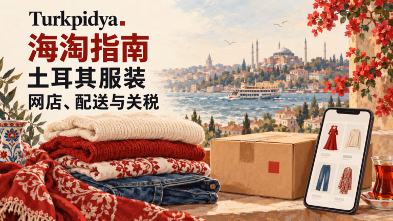 Turkpidya插画:土耳其服装、包裹和展示商品的手机,背景为伊斯坦布尔。