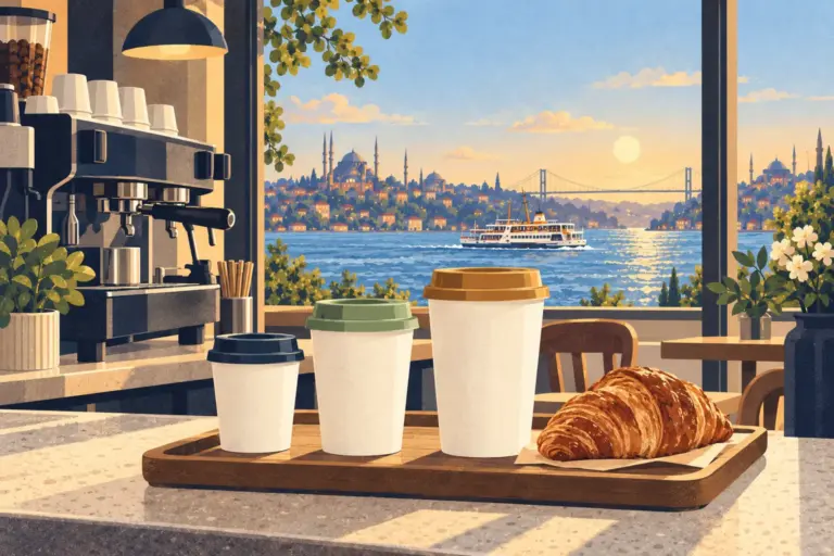 Illustration: three blank coffee cups and a croissant on an Istanbul café counter, with a ferry through the window