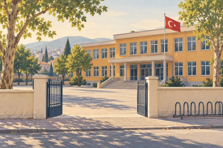 A state school gate in morning light: a short flight of steps, a Turkish flag on a pole, an empty yard behind a low wall and tall plane trees; the building carries no sign