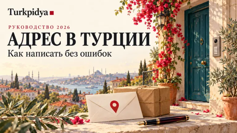 Адрес в Турции: конверт и посылка у входа в дом, иллюстрация к руководству Turkpidya