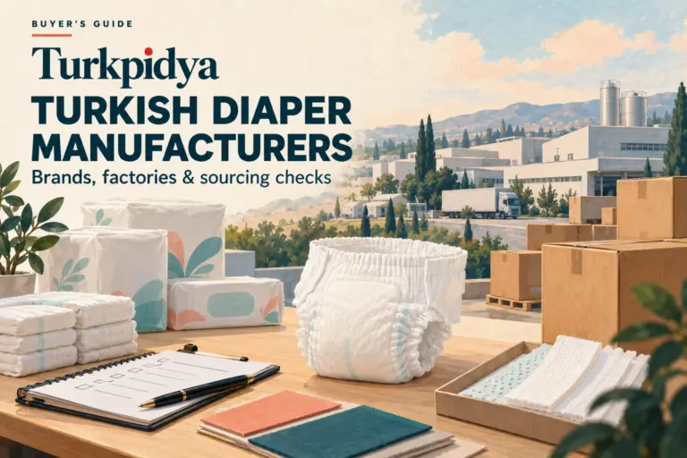 Turkpidya Turkish diaper manufacturers guide with illustrated diaper samples, export cartons and a generic factory.