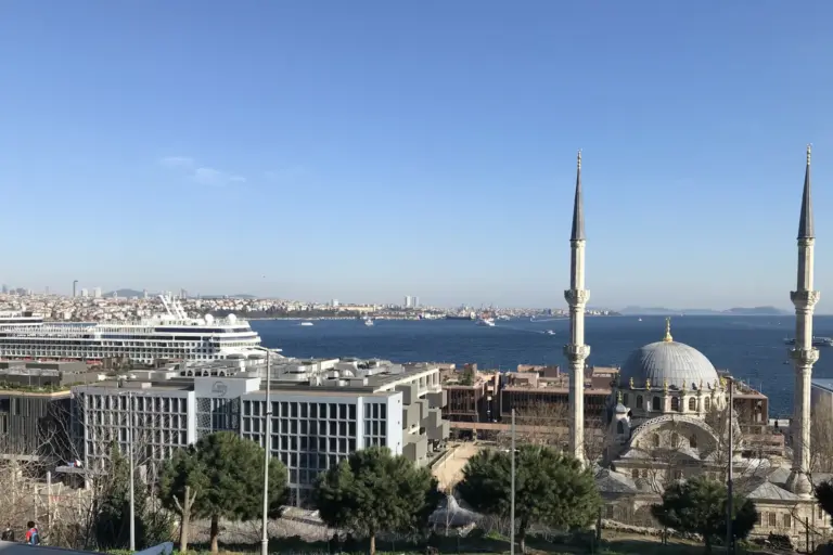 A cruise ship alongside a waterfront terminal on the left and a domed mosque with two tall minarets on the right, with the Bosphorus and the far shore under a clear sky