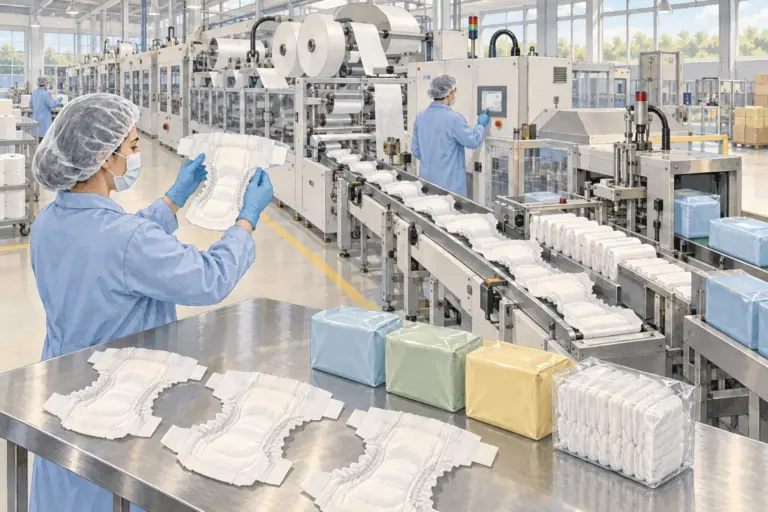 Illustration: workers in blue coats check white baby diapers coming off a production line; finished diapers lie open on a steel table next to plain packs