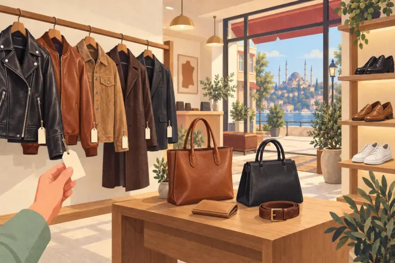 Illustration: a hand holds up the hangtag of a cognac leather jacket in an Istanbul leather store, with jackets on a rail, bags and a belt on a table and shoes on a shelf