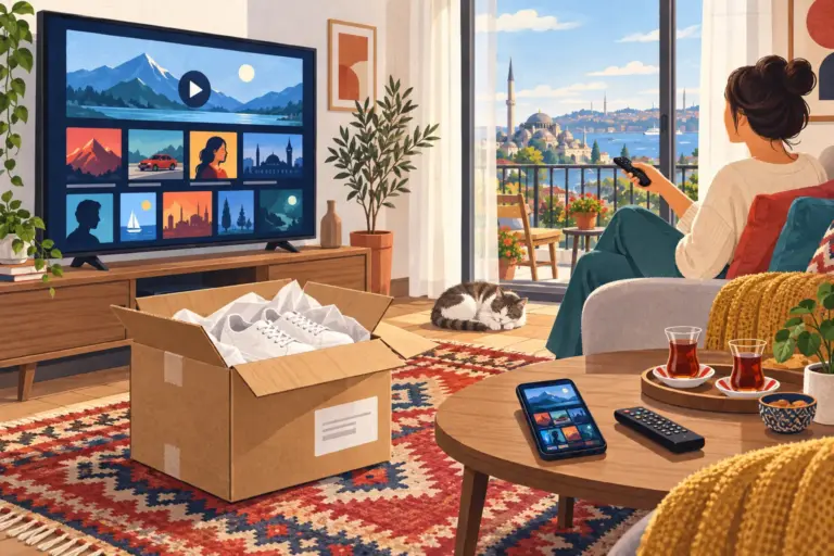 Illustration: a Turkish living room with a TV showing a streaming app, an opened cardboard parcel with white sneakers on a kilim rug, a phone, a remote and tea glasses on the coffee table