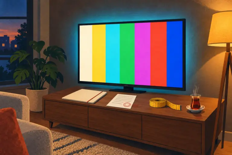 Illustration: a lit TV on a walnut console with a closed folder, a stamped receipt, a yellow tape measure and a glass of tea beside it, a floor lamp on the right