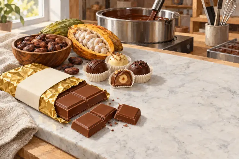 Illustration: a milk-chocolate bar half unwrapped from gold foil and broken into squares on a marble slab, with round pralines in paper cups, a halved cocoa pod, a bowl of cocoa beans and a chocolate melting kettle behind
