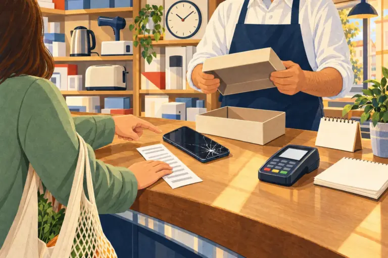 Illustration: at a shop counter a customer in a green cardigan with a string bag points at a receipt lying next to a phone with a cracked screen, while the shop assistant in a navy apron holds up an empty box