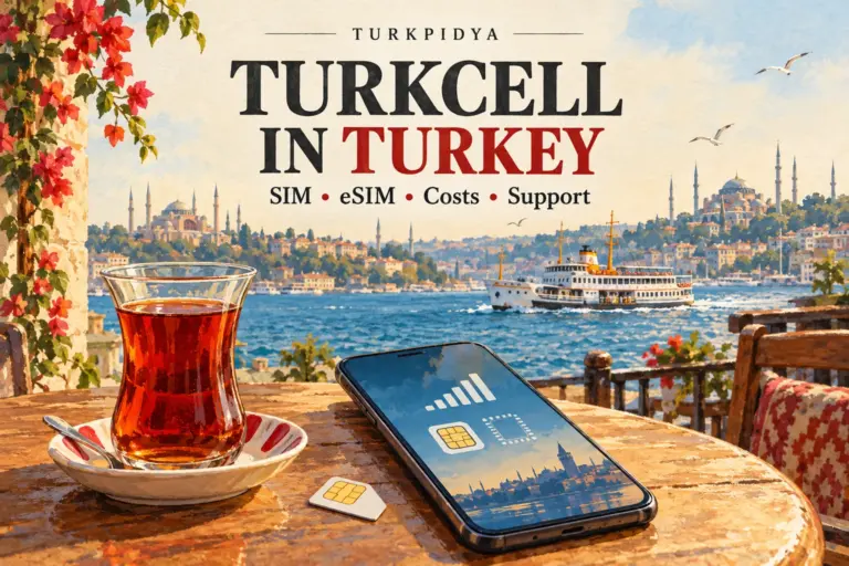 Turkpidya illustrated guide to Turkcell in Turkey, with a SIM phone, Istanbul ferry and Turkish tea.