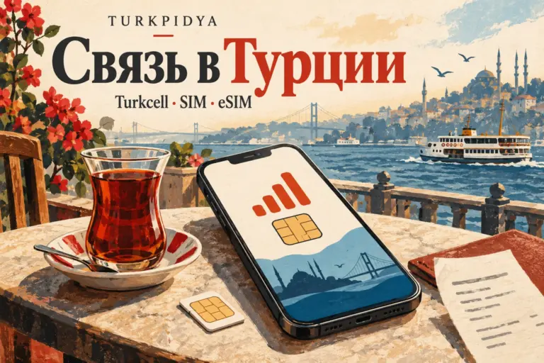 Иллюстрация Turkpidya: телефон с символом SIM, турецкий чай и паром на Босфоре.