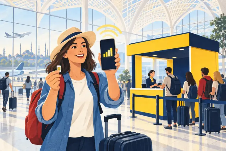 Illustration: a traveller in an Istanbul airport arrivals hall holds up a phone with full signal bars, a yellow and navy mobile operator kiosk behind