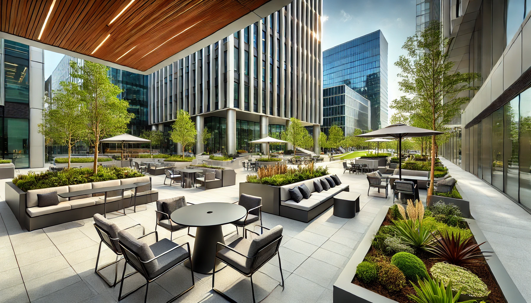 A wide angle photograph of a modern outdoor area at a corporate office or company headquarters. The space features stylish and functional outdoor furn