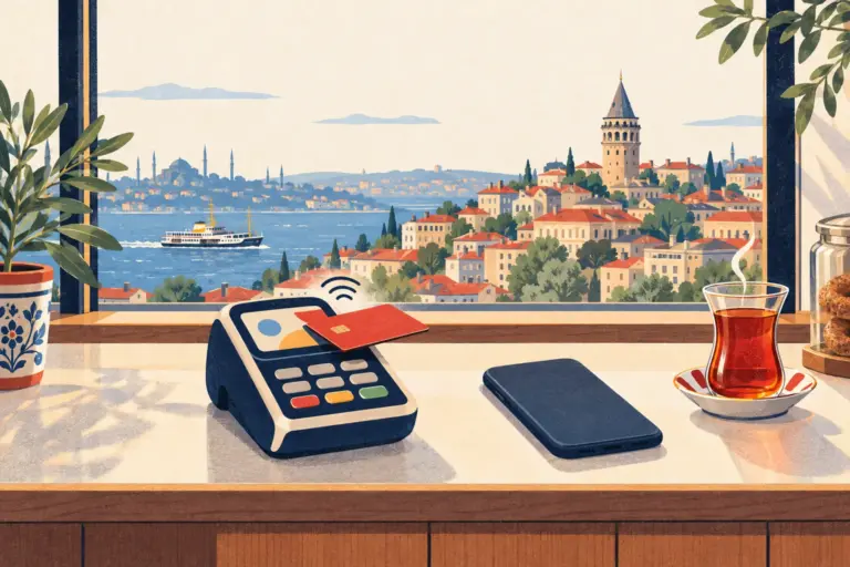 A shop counter in İstanbul with a card terminal and a bank card resting on its reader, a phone lying face down, a tulip glass of tea and, through the window, the Galata Tower, a ferry and rooftops