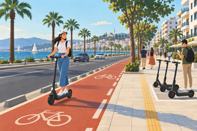 Ilustracja: nadmorski bulwar w tureckim mieście; kobieta w białym kasku jedzie hulajnogą elektryczną czerwoną drogą rowerową, a obok, na chodniku, trzy hulajnogi stoją w wyznaczonym polu, nie zasłaniając żółtego pasa dla niewidomych