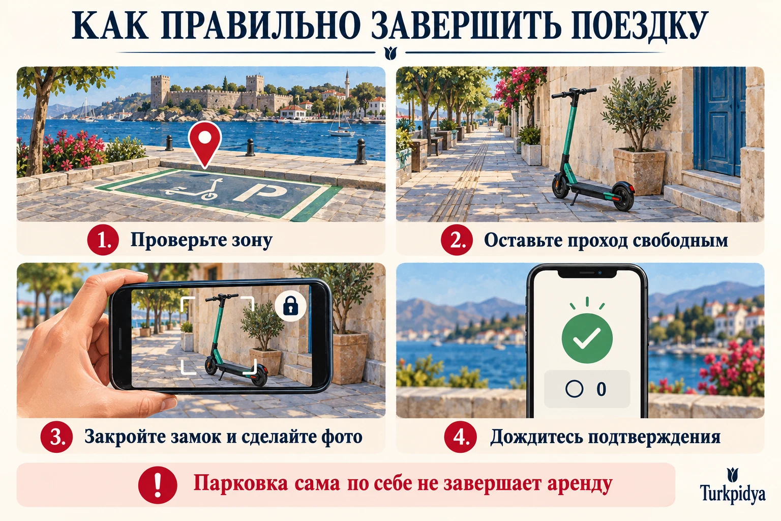 Как завершить аренду: проверить зону, оставить проход свободным, закрыть замок и сделать фото, дождаться подтверждения