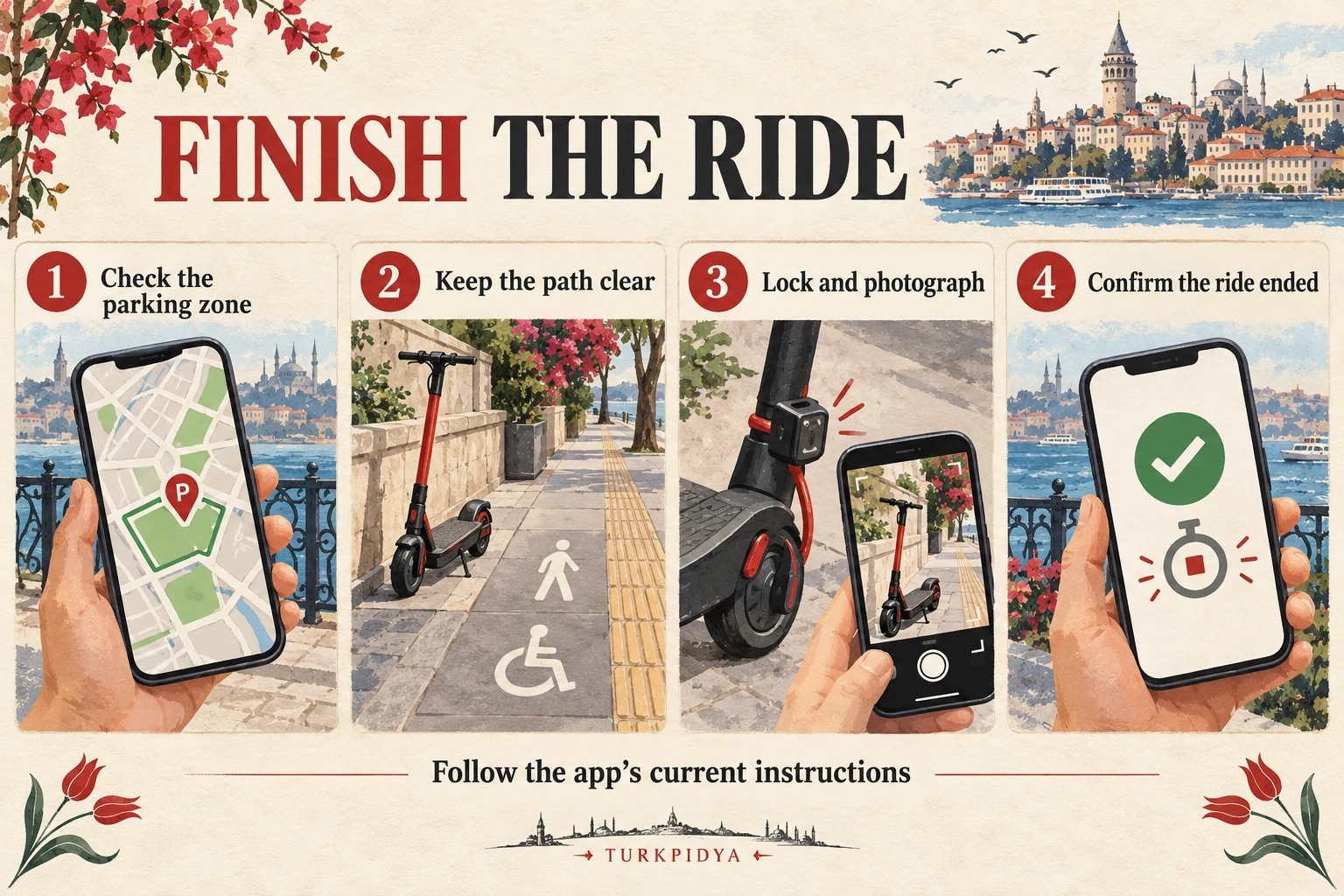 Check the parking zone, keep paths clear, follow lock and photo steps, then confirm the ride ended
