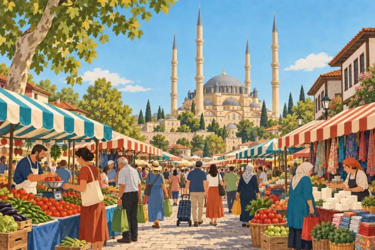 Illustration: a busy weekly market under striped awnings in Edirne, with fruit, vegetables, white cheese and textiles on the stalls and the Selimiye Mosque, its great dome and four slender minarets, rising behind