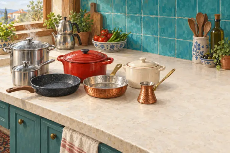 Illustration: a row of unmarked cookware on a stone worktop: a steaming stainless-steel pot and saucepan, a speckled granite-coated pan, a red enamelled cast-iron casserole, a hammered copper pan and cezve and a cream porcelain pot, turquoise tiles behind