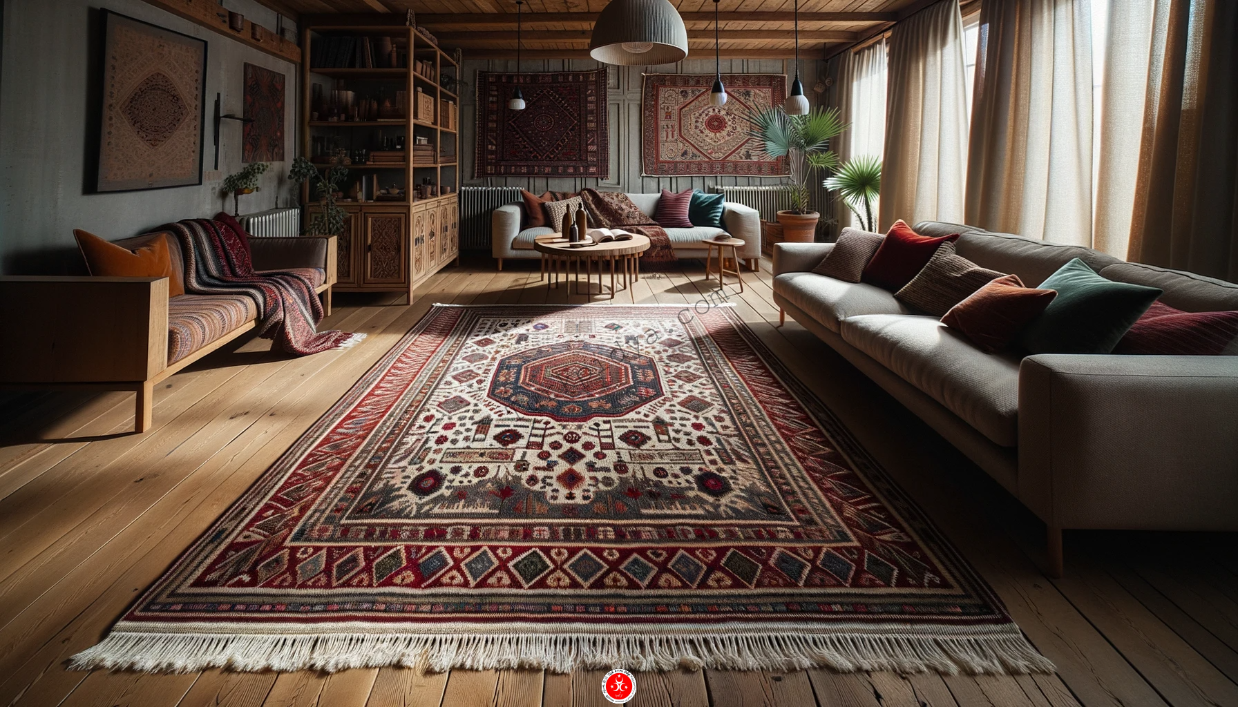 DALL%C2%B7E 2023 10 09 22.32.01 Photo of a handwoven Anatolian rug displayed in a well lit room. The rug showcases intricate patterns with dominant colors of crimson indigo and oli