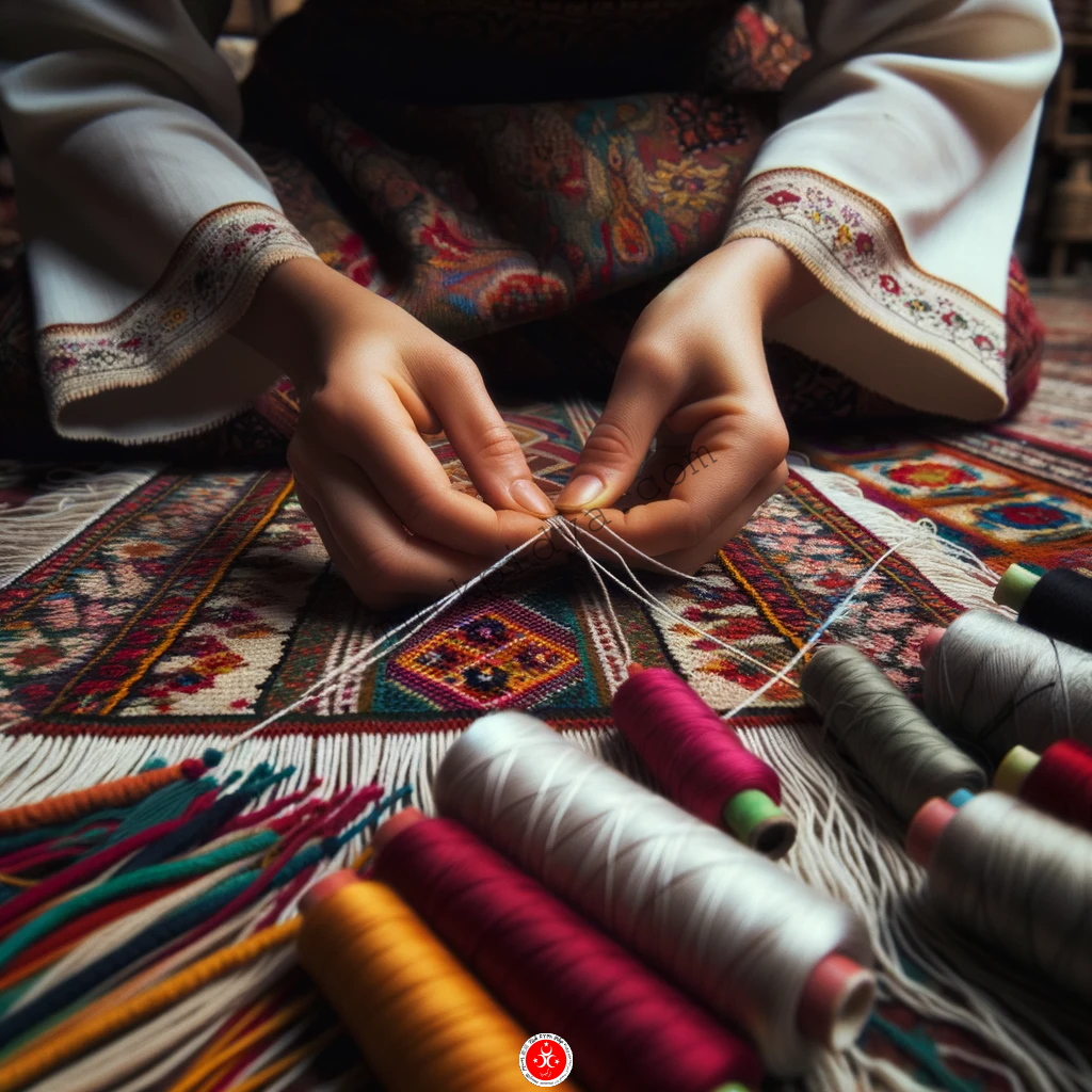 DALL%C2%B7E 2023 10 09 22.59.24 Close up photo of the hands of an Anatolian woman as she meticulously ties knots to create a vibrant pattern on a carpet. The surrounding area is fil 1