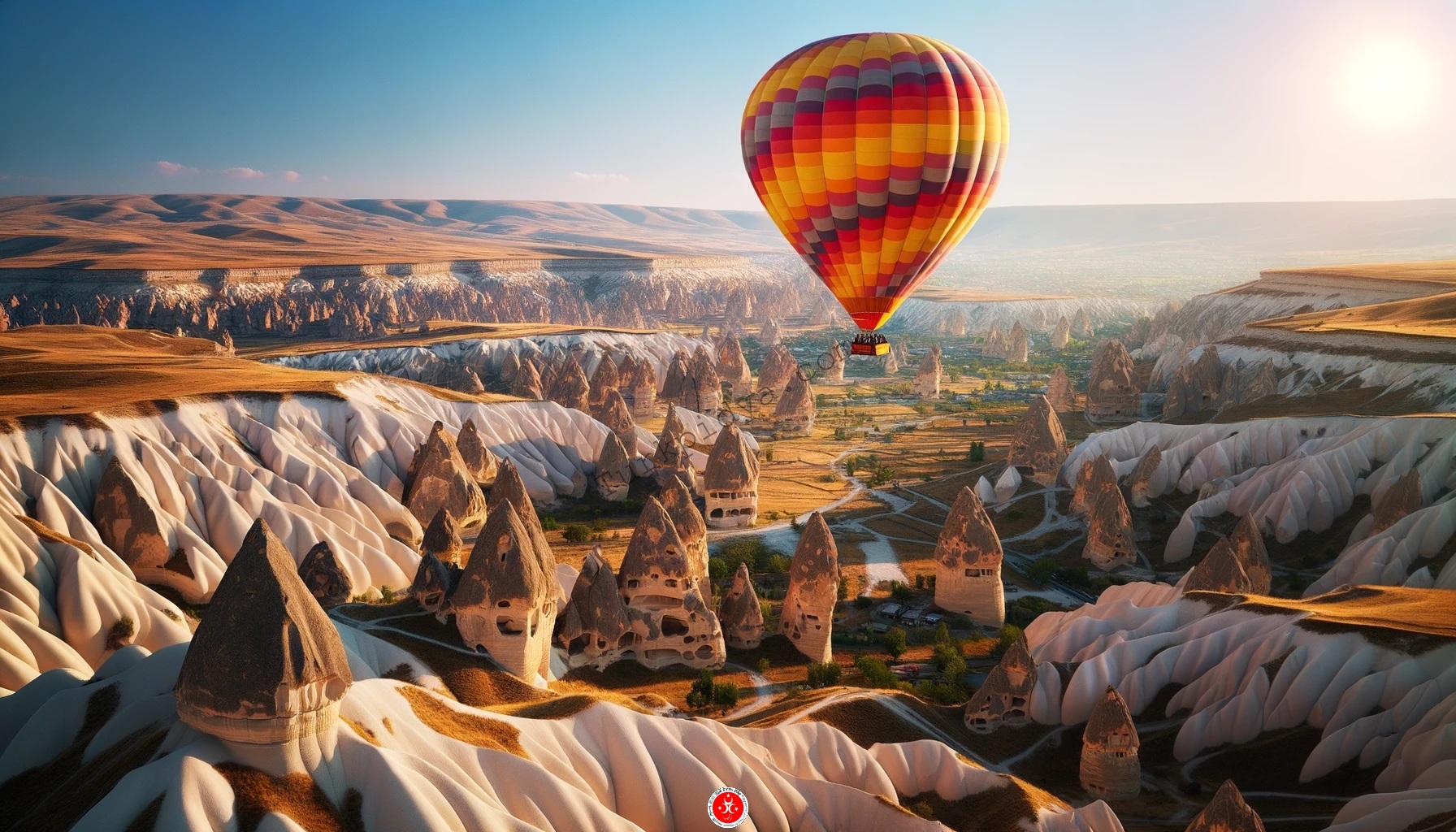 hot air balloon floating over Cappadocia