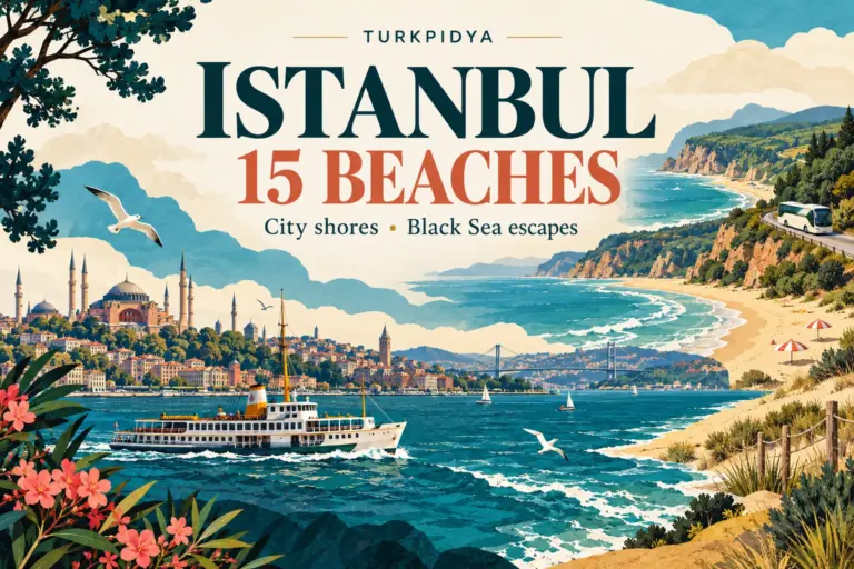 Turkpidya Istanbul: 15 Beaches, an illustrated collage of a city ferry, sandy coastline and wooded headlands.
