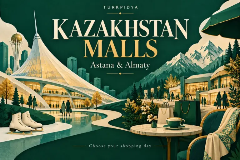 Turkpidya Kazakhstan Malls: Astana and Almaty, with an editorial shopping and city illustration.