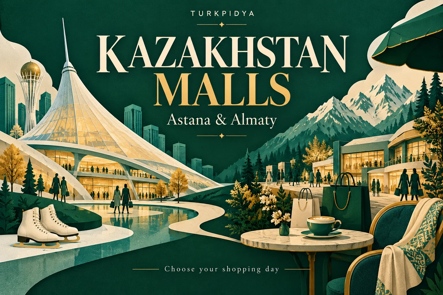 Turkpidya Kazakhstan Malls: Astana and Almaty, with a stylized shopping and city illustration.