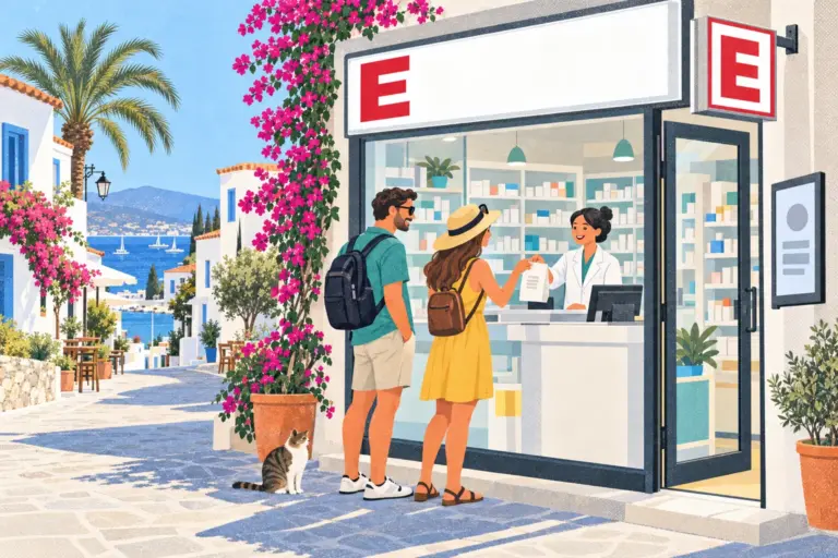 Illustration: Apotheke an einer sonnigen Gasse am Meer in der Türkei – über dem Schaufenster und auf einem Leuchtkasten an der Wand das rote E der Eczane; drinnen reicht eine Apothekerin im weißen Kittel einem Touristenpaar eine Papiertüte über den Tresen, davor Bougainvillea, eine Katze und Palmen