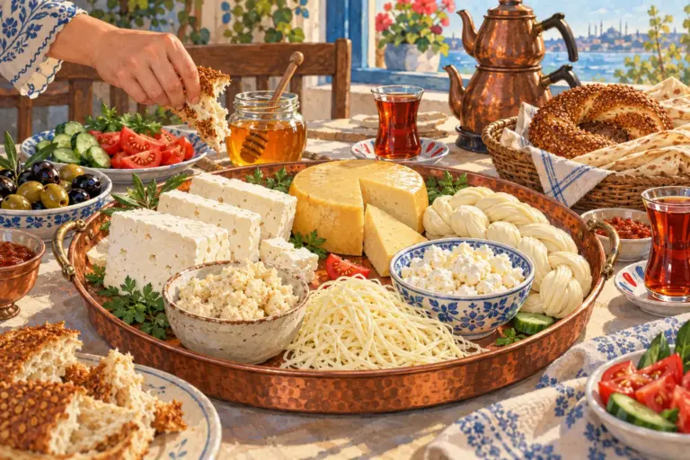Illustration: a Turkish breakfast table with a copper tray of cheeses: slabs of white cheese, a kaşar wheel with a wedge cut out, a braided örgü, crumbled tulum, curds and cheese threads, beside olives, honey, simit and tea