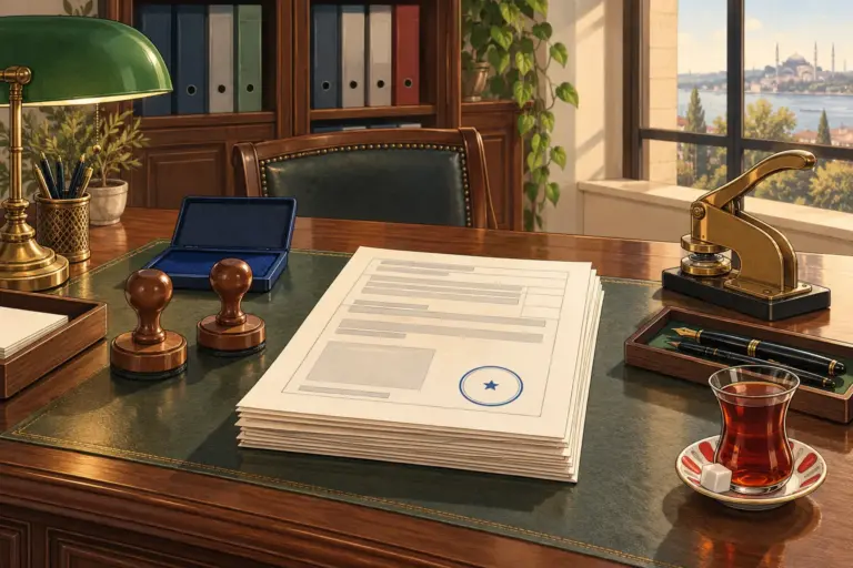 Illustration: a notary’s desk with a stack of papers marked with a round blue stamp, two wooden hand stamps, a blue ink pad, a brass seal press and a glass of Turkish tea, with a window onto the Istanbul skyline across the water