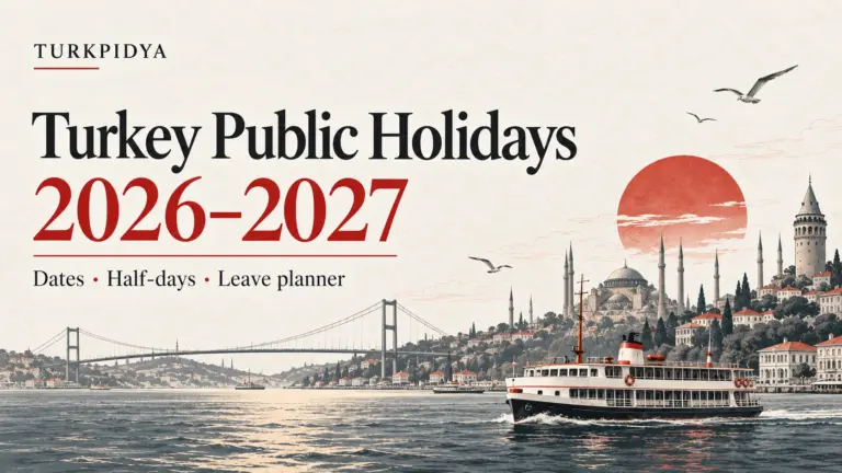 Turkey public holidays 2026–2027, with an illustrated Bosphorus ferry and Istanbul skyline