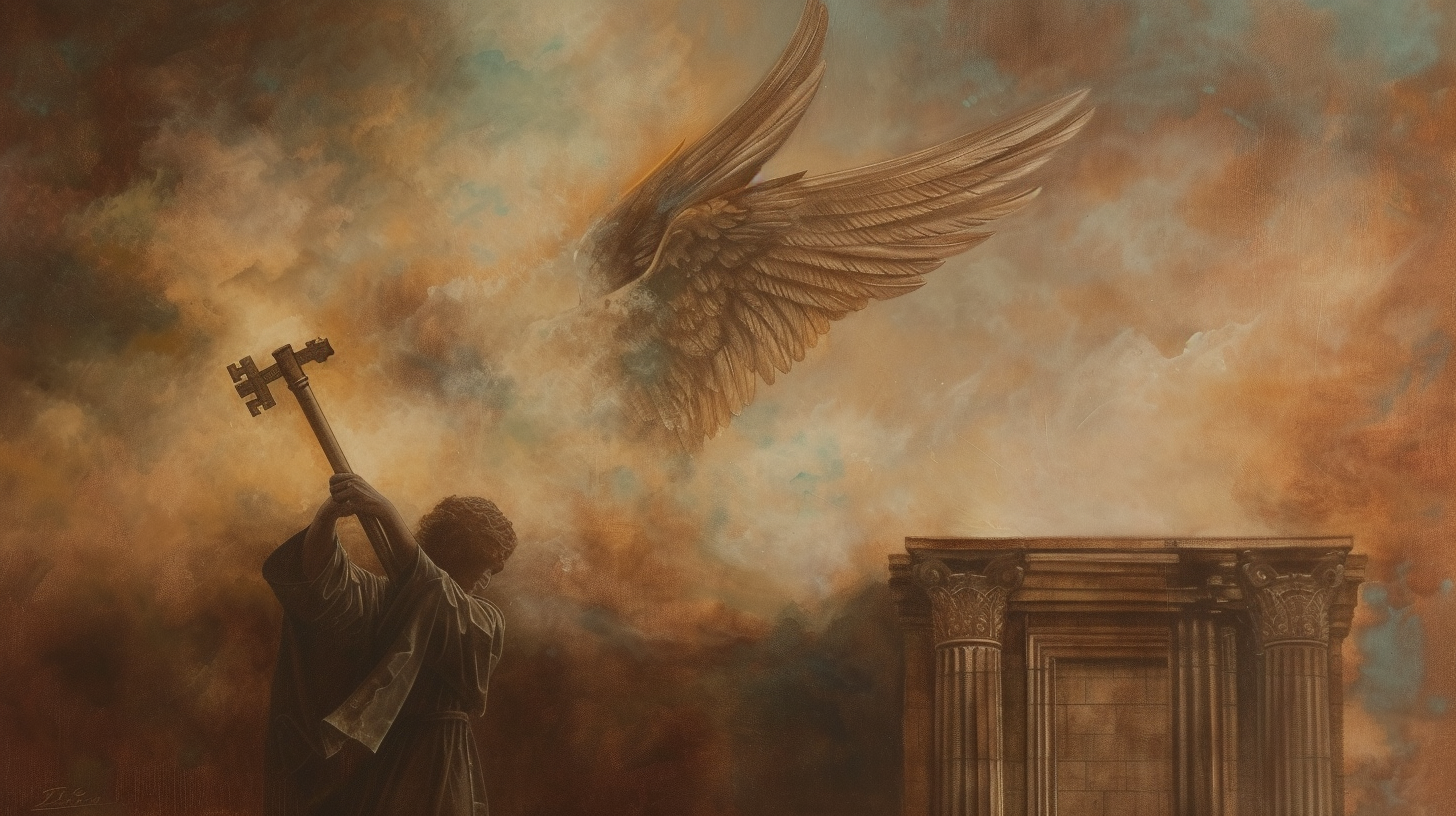 Una pintura al óleo de la llave de David y un ángel.