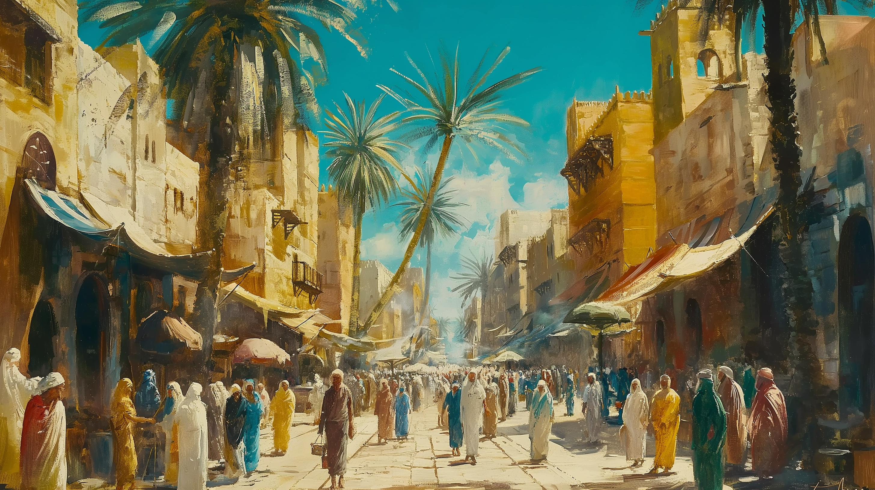 An oil painting representing the streets of early christianity days