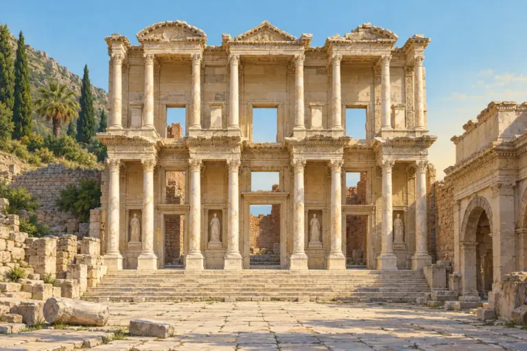 Illustration: the pale stone two-storey front of the Library of Celsus, with columns on both levels, three doorways below, three windows above and three small pediments on top, behind a wide flight of steps in morning light