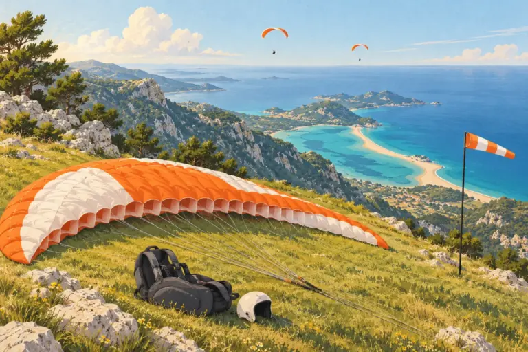 Illustration: a paraglider wing spread on a grassy launch slope above a turquoise sea, with an empty harness and a helmet beside it, a windsock, and two small wings flying far out over the lagoon