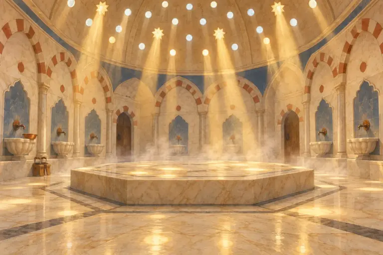 Illustration: the hot room of an Ottoman hammam. Gold light falls through round and star-shaped glass lights in a tall stone dome into soft steam; a low octagonal marble platform stands in the middle of the floor, marble basins with copper taps line the walls, and a copper bowl and a pair of wooden clogs wait beside them; nobody is in the room