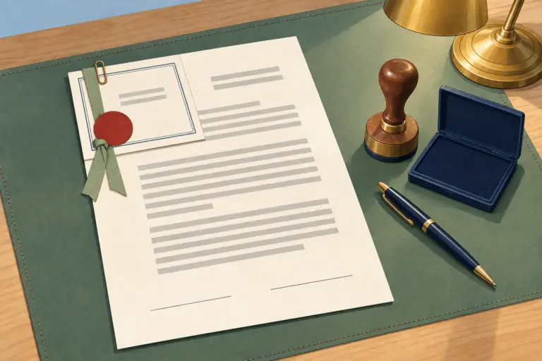 Illustration: a green desk mat with a loose sheet of text lines, a blank red seal on a green ribbon, a wooden rubber stamp, an open ink pad and a blue pen under a brass lamp