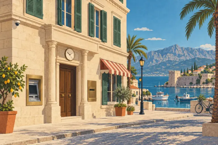 Illustration: a limestone bank building on a sunny harbour street, with a cash machine and a night-deposit slot beside a heavy wooden door, green shutters, palm trees, fishing boats and a long mountain ridge behind