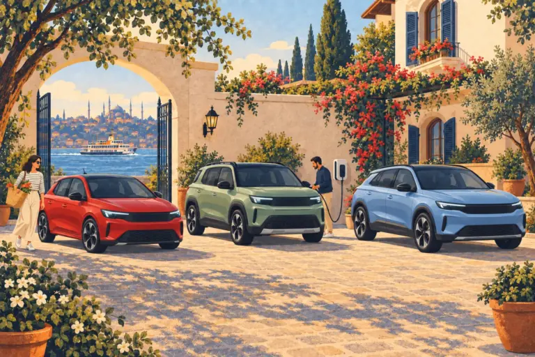 Illustration: current Opel passenger cars in an Istanbul courtyard, with a resident charging a Frontera