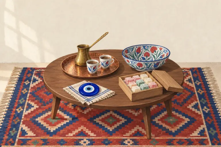 A low round walnut table on a red and blue woven rug, with a copper tray holding a brass coffee pot and two painted cups, a blue and white floral bowl, a blue glass eye bead on a small cloth and a wooden box of sugar-dusted sweets