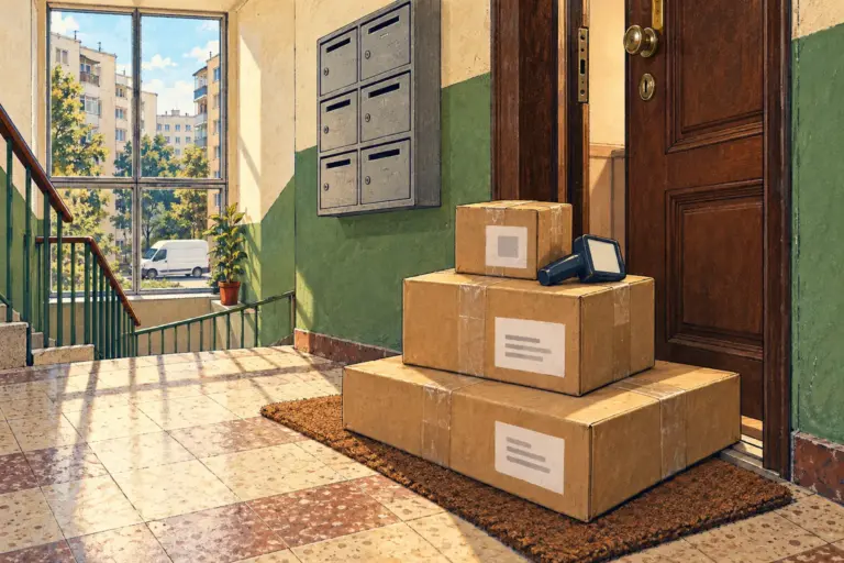 Ilustrație: trei colete de carton cu etichete albe pe preșul din fața ușii unui apartament dintr-un bloc, un scanner de mână pe colet și o dubă albă în stradă, văzută pe fereastra scării