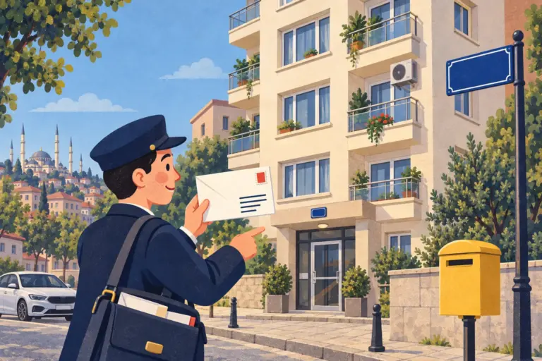 Illustration: a postman holds an addressed envelope outside a Turkish apartment block with a blue number plate, a blue street sign and a yellow post box