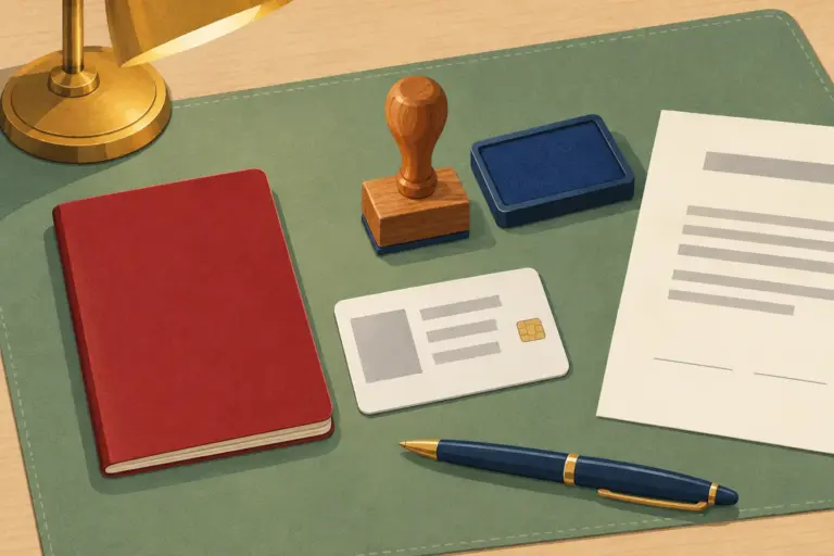 Illustration: a desk under a brass lamp with a closed red passport, a blank card, a rubber stamp beside its ink pad, a sheet of paper and a pen