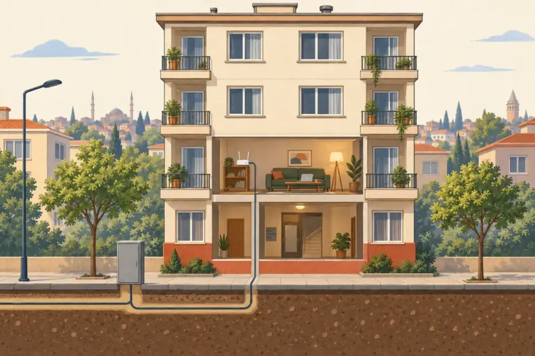 Illustration: a block of flats cut open to show a modem in one flat, a grey street cabinet on the pavement and a cable running underground between them